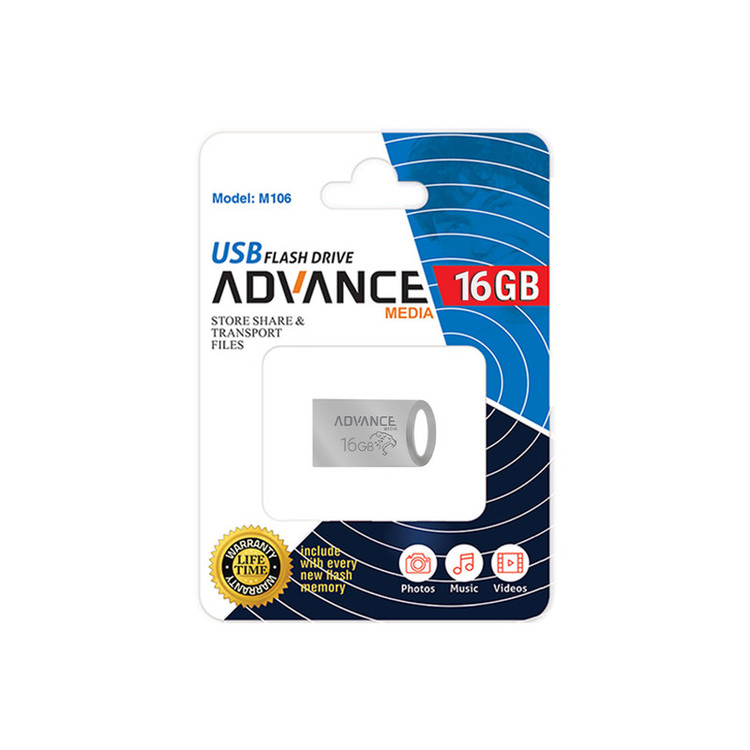 فلش مموری 16 گیگابایت ادونس مدل M-106 با رابط USB 2.0 Type-A، بدنه فلزی و طراحی بندانگشتی با بند آویز